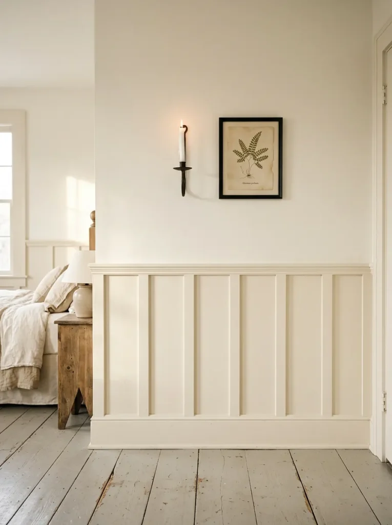 White board-and-batten wainscoting on the lower third of a farmhouse bedroom wall with a botanical print and iron sconce above
