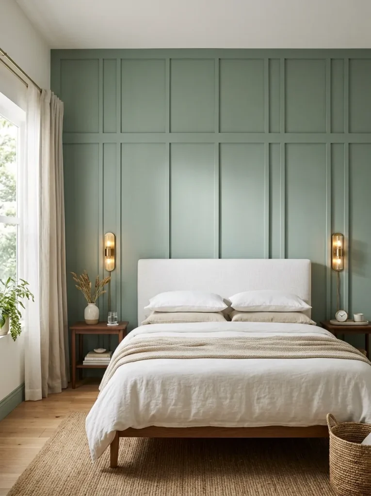 Sage green board and batten accent wall in a bedroom with narrow battens creating even vertical shadow lines and a white linen headboard below
