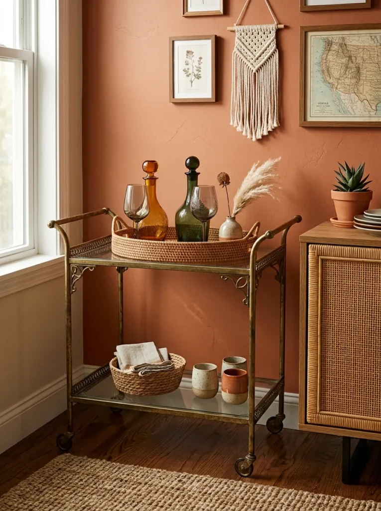 Aged brass bar cart in a boho dining room corner with a rattan tray holding amber glass decanters and a small dried botanical stem
