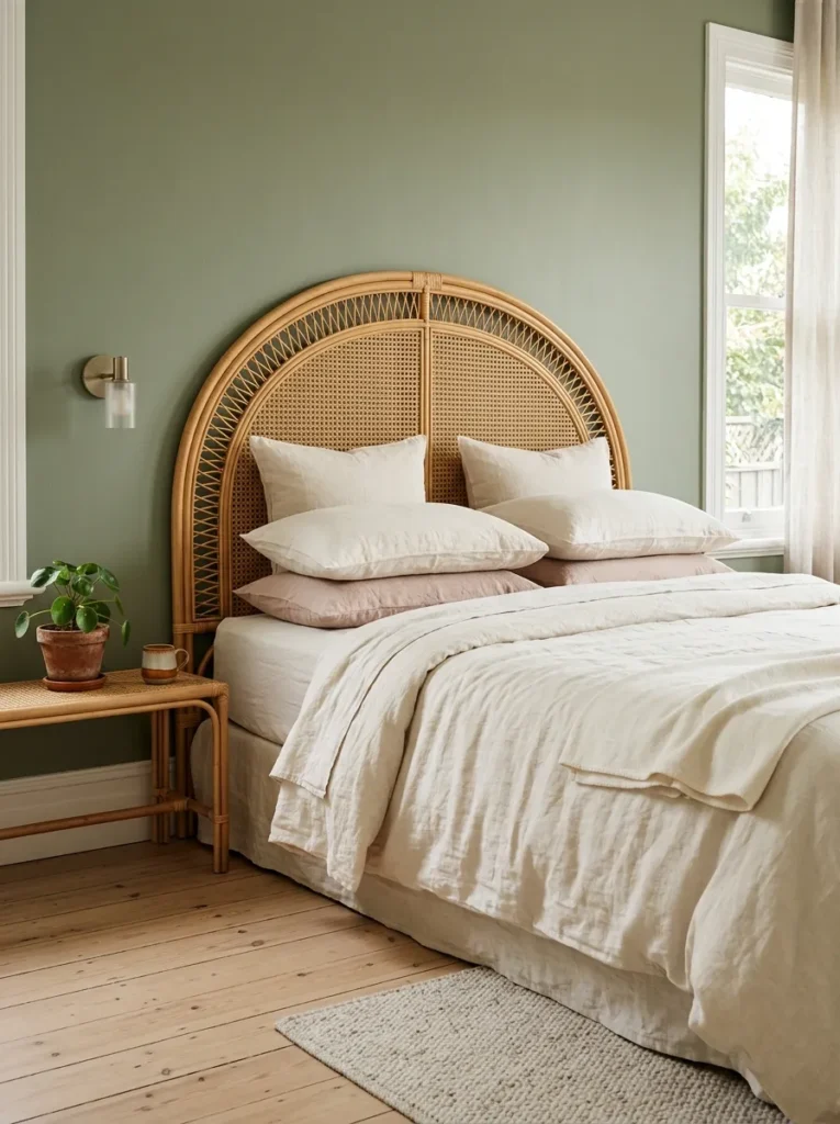 Tall arched rattan bed headboard against a sage green wall with cream linen bedding and rattan side table in morning light
