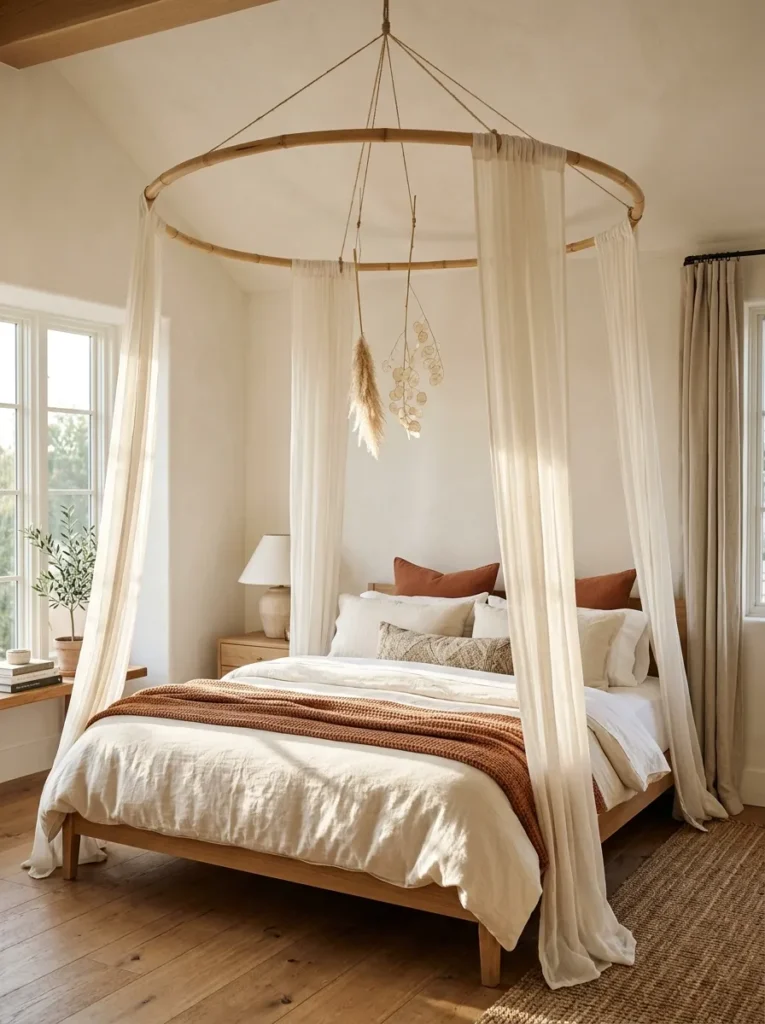 Bamboo hoop canopy above a boho bed with sheer cotton panels and dried botanical stems, in soft afternoon light
