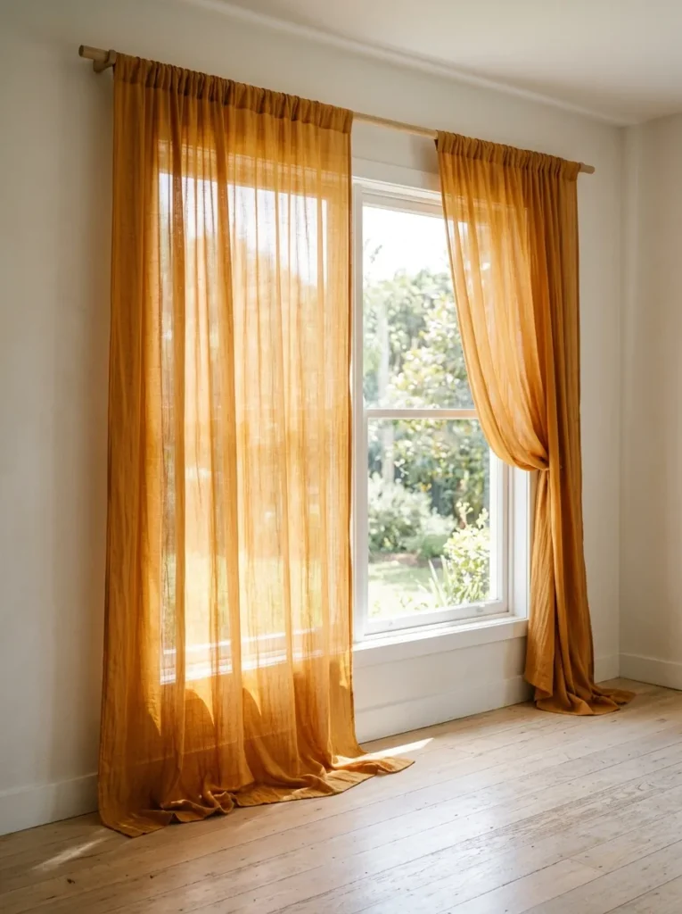 Saffron cotton gauze curtains hung from ceiling to floor casting warm amber light across pale timber flooring in a boho bedroom
