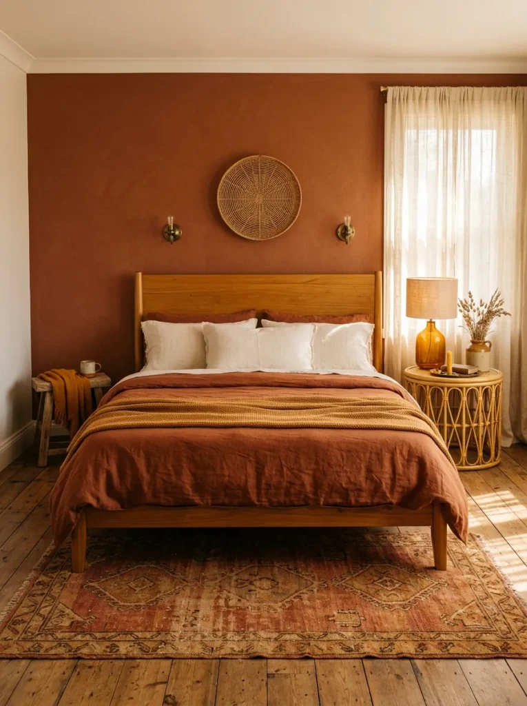 Boho bedroom in a warm terracotta, amber, and ivory color palette with kilim rug, honey timber bed frame, and gauze curtains
