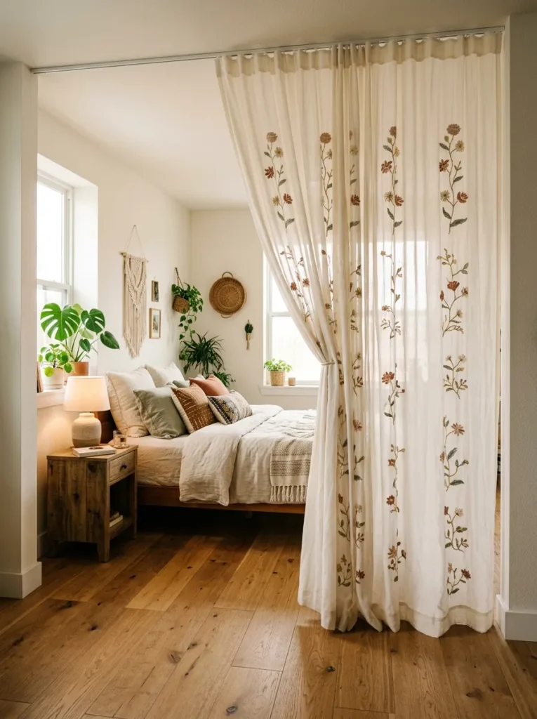 Sheer ivory cotton panel with hand-embroidered floral motifs hanging from ceiling track as a room divider in a boho studio bedroom
