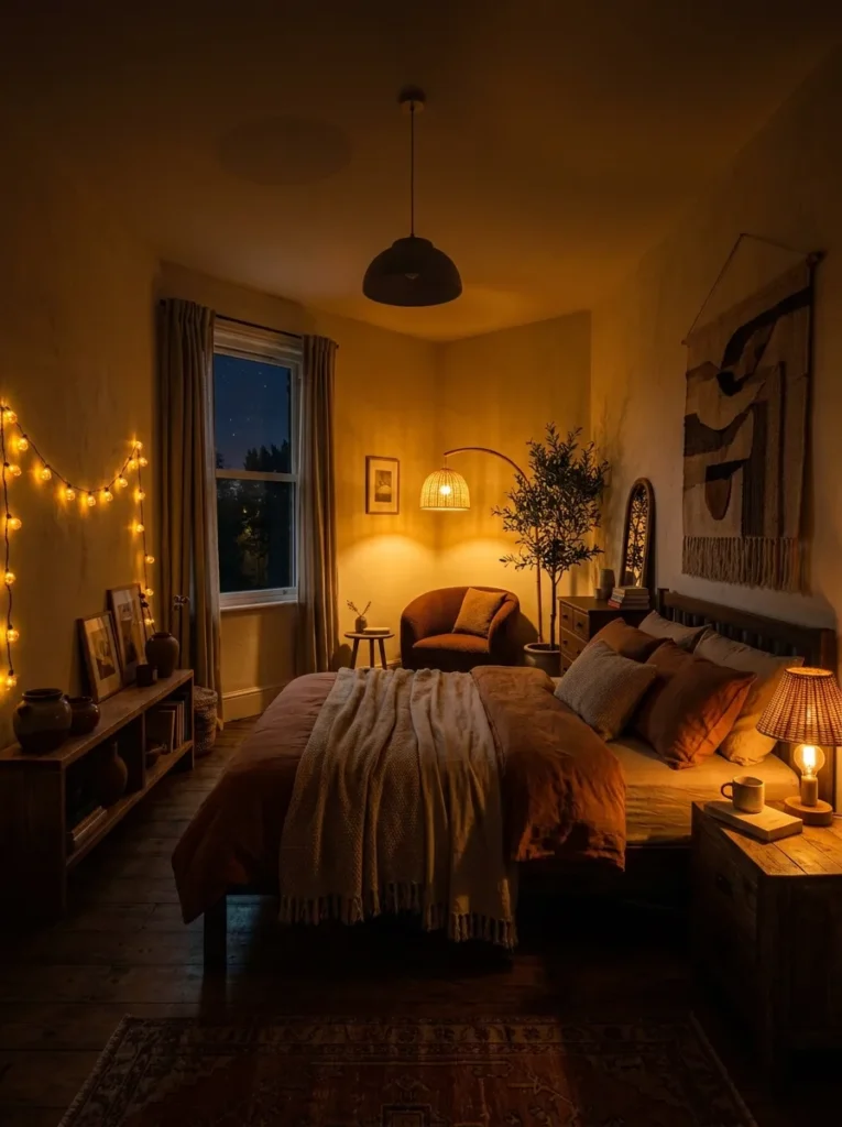 Boho bedroom in evening light with three warm sources: Edison wicker table lamp, rattan floor lamp, and amber fairy lights above a shelf
