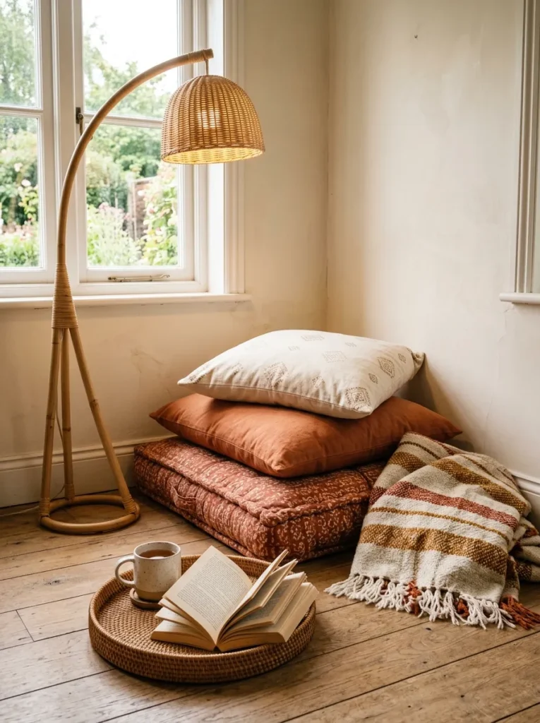 Boho floor reading nook with large terracotta and ivory block-print cushions, rattan arc lamp, and low rattan tray with mug and books

