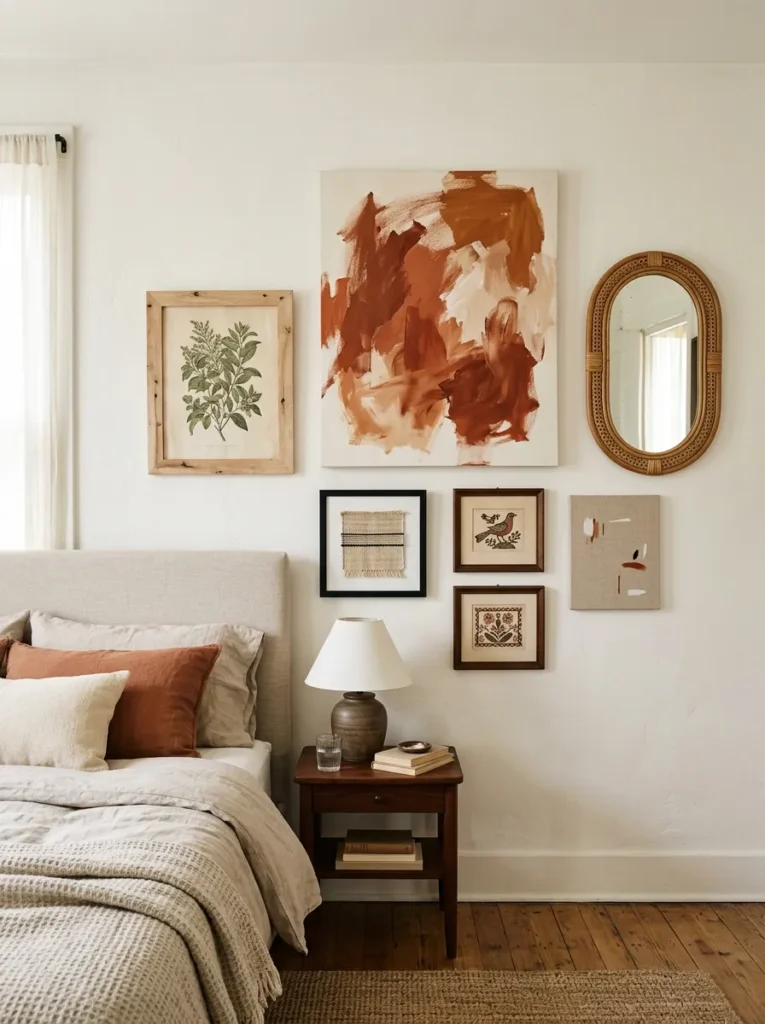 Asymmetric boho gallery wall with mixed raw wood, rattan, and black frames showing botanical prints, an abstract canvas, and a woven piece
