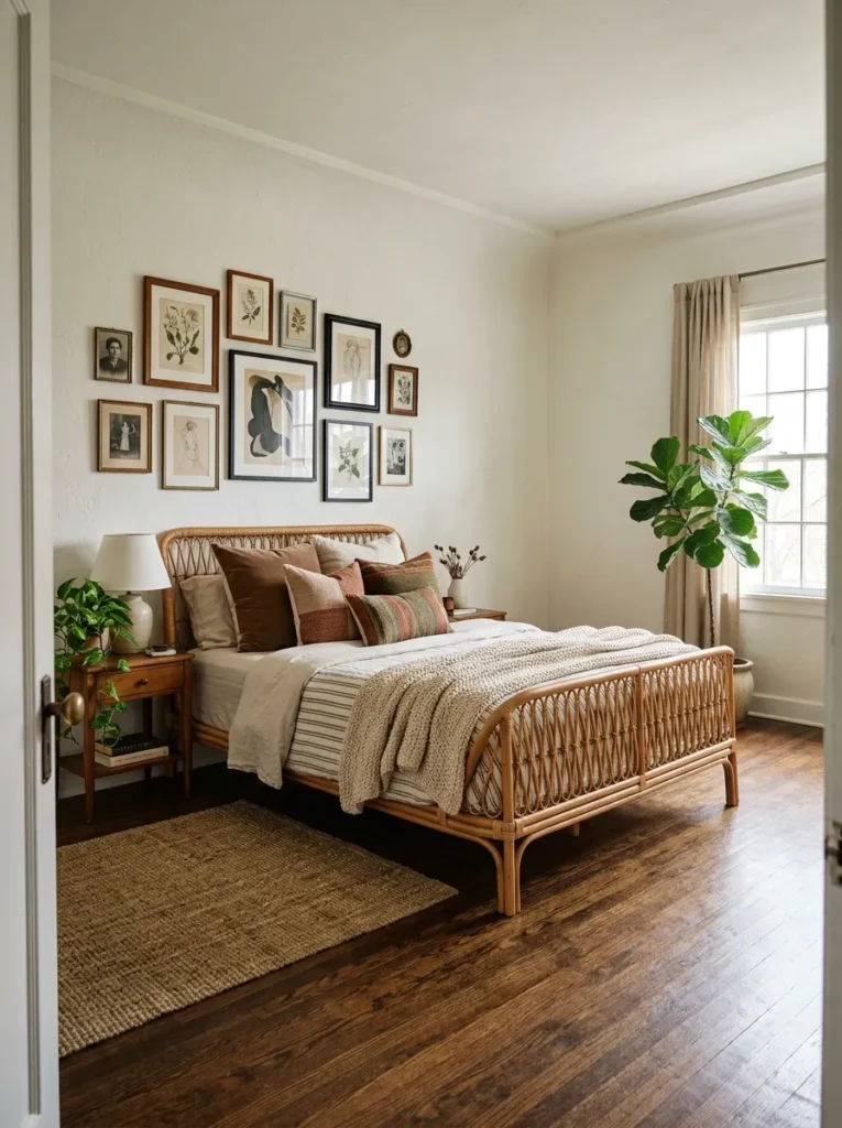 Full boho bedroom showing rich styling concentrated in specific zones with deliberate empty floor and wall spaces visible
