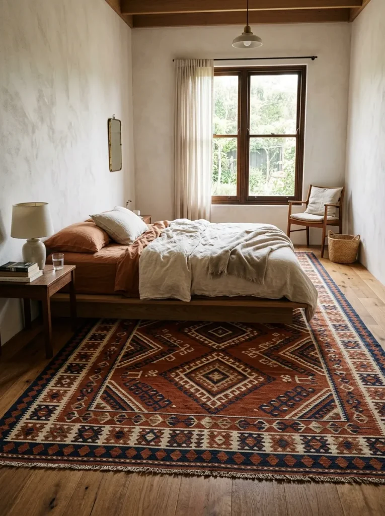 Rust, ivory, and navy geometric kilim rug extending broadly beneath and beside a low platform bed in a boho bedroom
