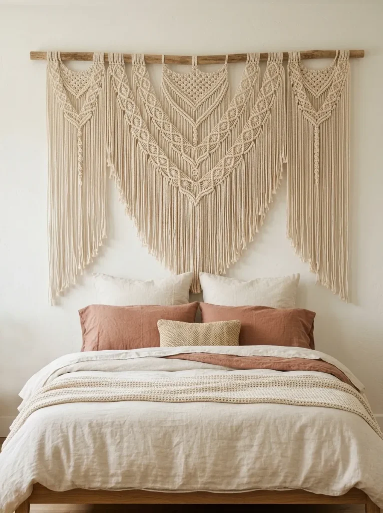 Extra-large natural cotton macramé wall hanging spanning the width of a bed as a headboard alternative on a warm white wall

