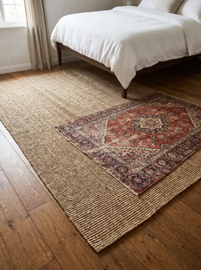 Boho bedroom floor with a natural jute base rug layered beneath a smaller vintage Persian fragment rug placed off-centre
