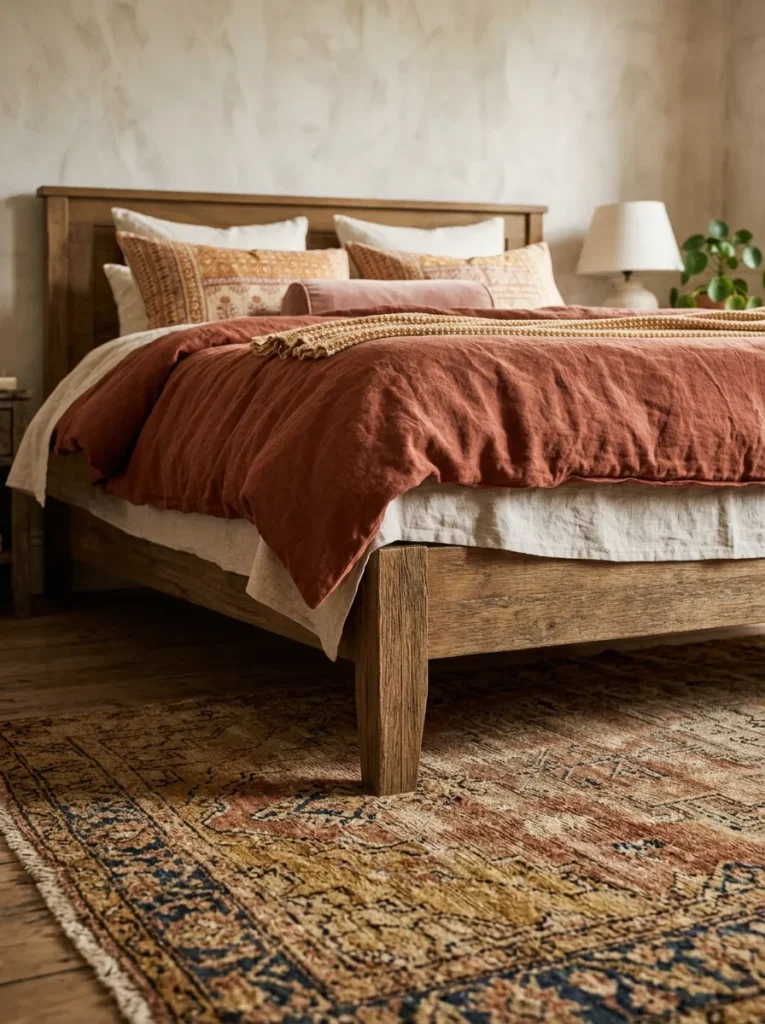 Boho bed with four layered textiles including terracotta duvet, woven amber throw, ivory linen pillows, and a dusty rose velvet bolster
