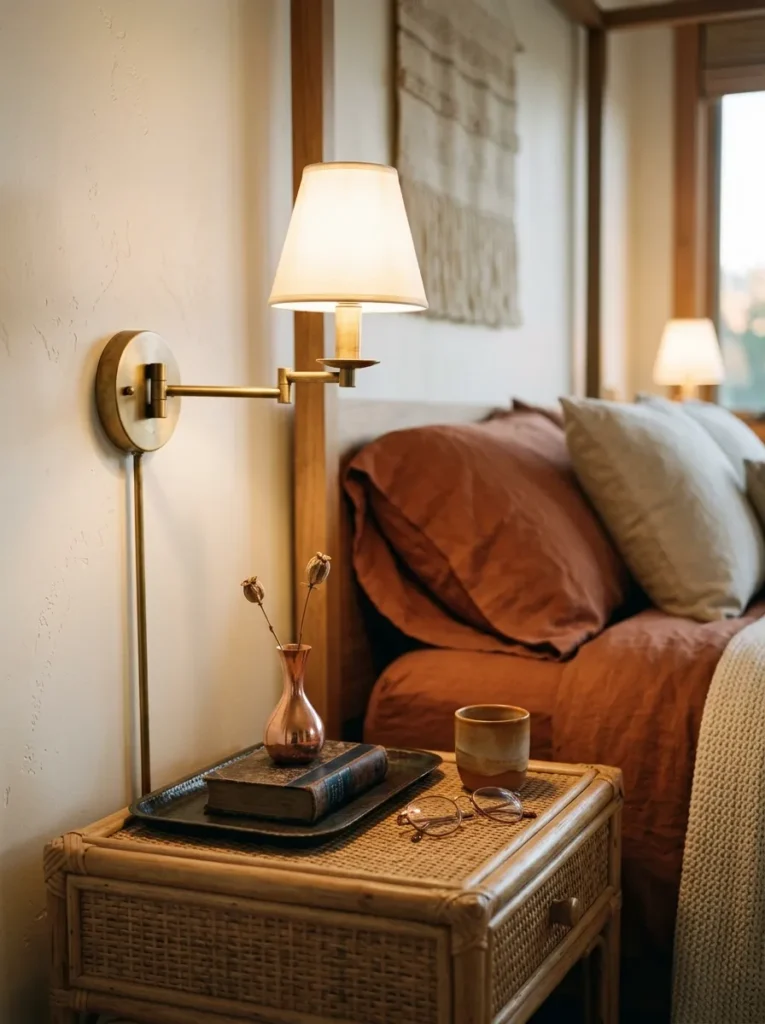 Boho bedside vignette with aged brass sconce, antique bronze tray, and copper vase showing three warm metal tones
