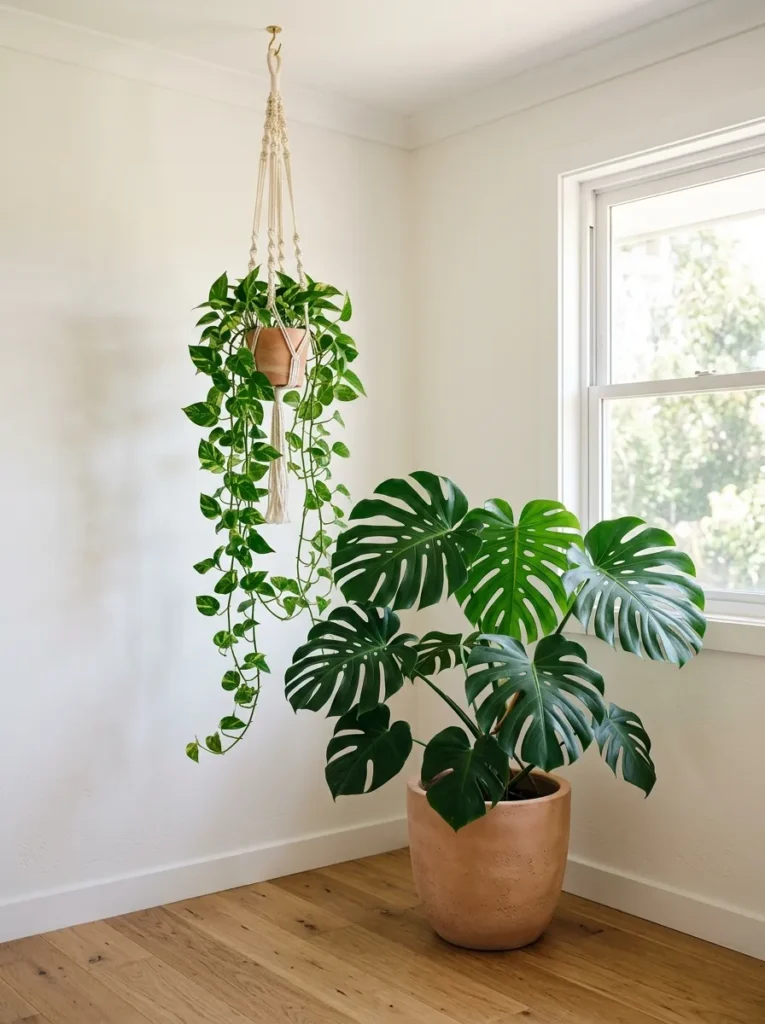 Large monstera in a clay pot beside a ceiling-hung macramé hanger with trailing pothos, both near a bedroom window in morning light
