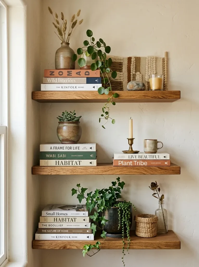 Three floating timber shelves with layered boho styling of stacked books, ceramics, trailing plants, and woven objects
