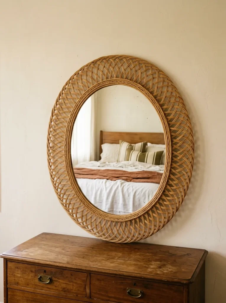 Large oval rattan sunburst mirror leaning on a vintage dresser, reflecting layered boho bedding in afternoon light

