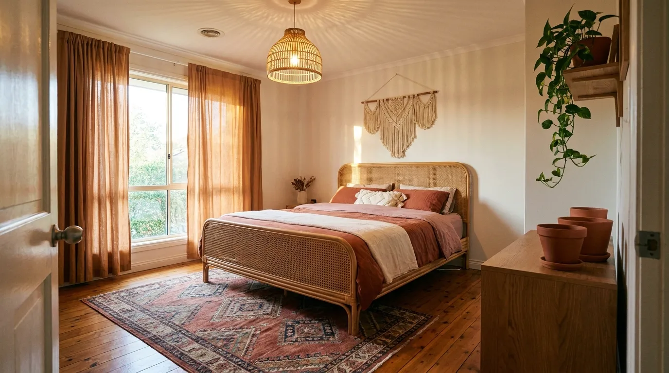Boho bedroom with rattan cane bed frame, layered terracotta and ivory bedding, cream macramé wall hanging, and kilim rug in warm afternoon light