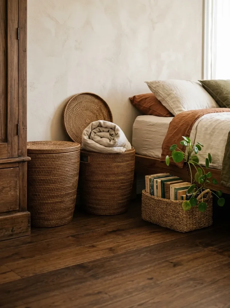 Large lidded rattan baskets and an open seagrass basket with books placed at floor level in a boho bedroom
