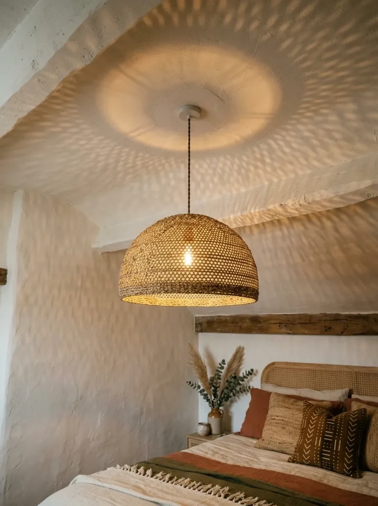 Large woven seagrass pendant shade casting warm dappled light across the ceiling of a boho bedroom in the evening
