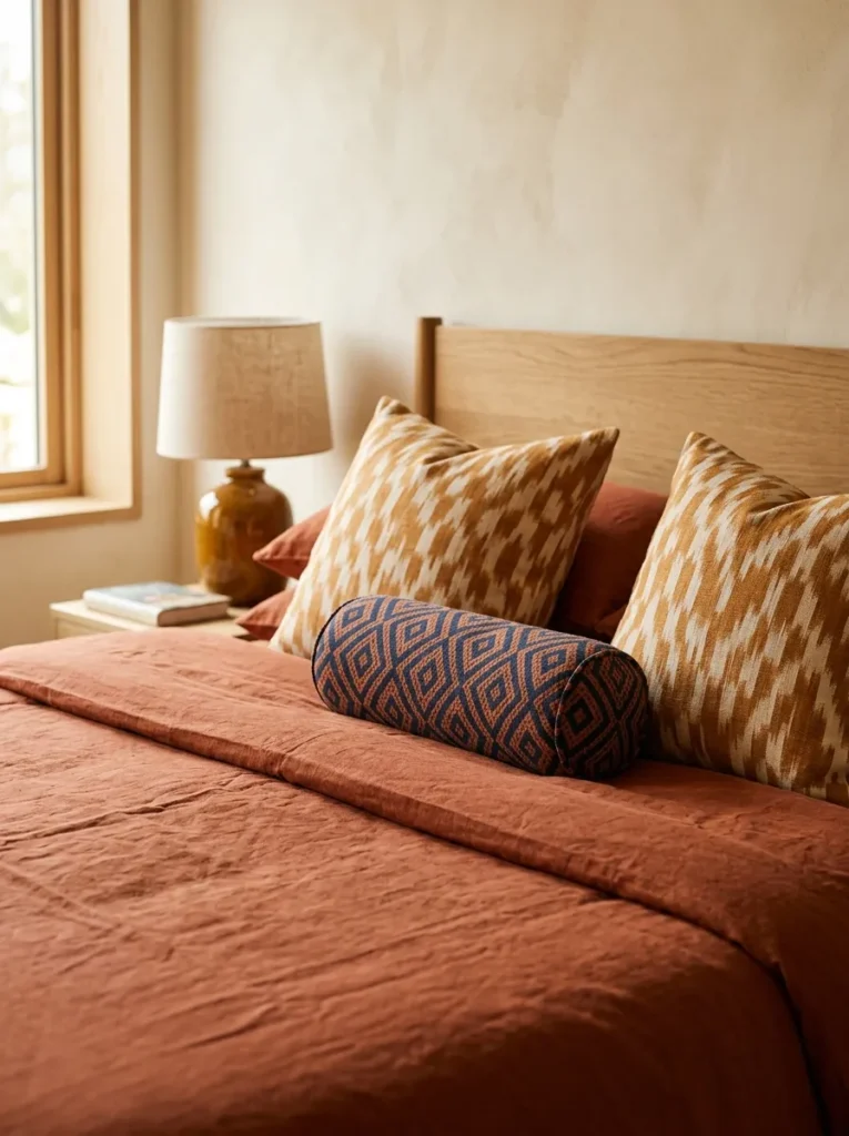 Boho bed styled with a plain terracotta duvet, ikat weave cushions, and a small Moroccan-print bolster showing three pattern scales
