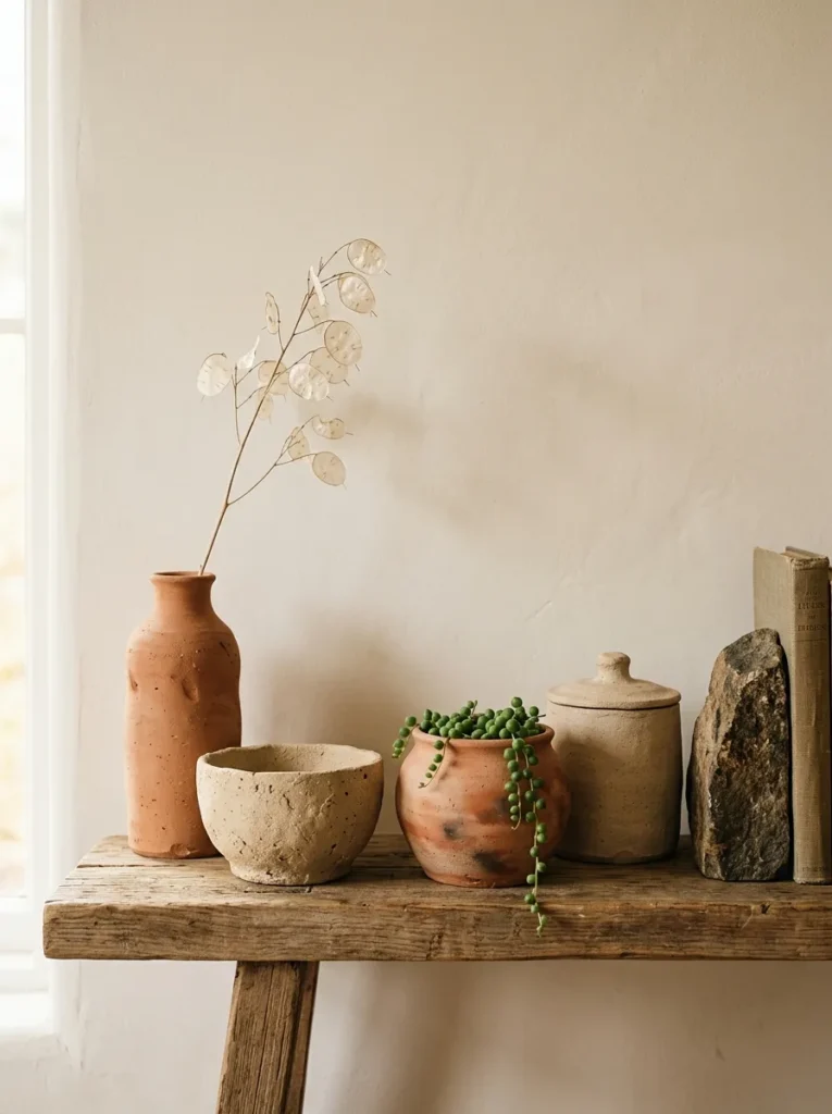 Grouping of five unglazed terracotta and raw clay ceramics at varying heights on a timber shelf in warm diffused light
