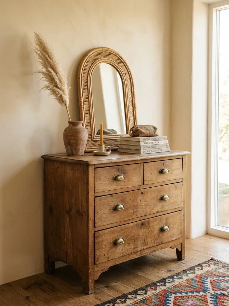 Distressed timber vintage dresser with aged brass pulls, rattan mirror, and terracotta vase with dried pampas stem in warm afternoon light
