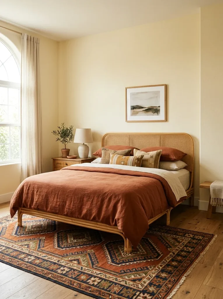 Boho bedroom with warm cream ivory-toned walls allowing rattan, terracotta, and kilim materials to read richly in midday light
