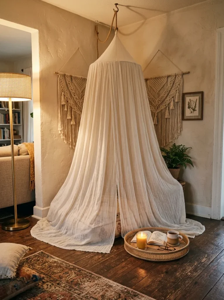 White gauze canopy draped from ceiling over a floor cushion reading corner with small rattan tray and low candle