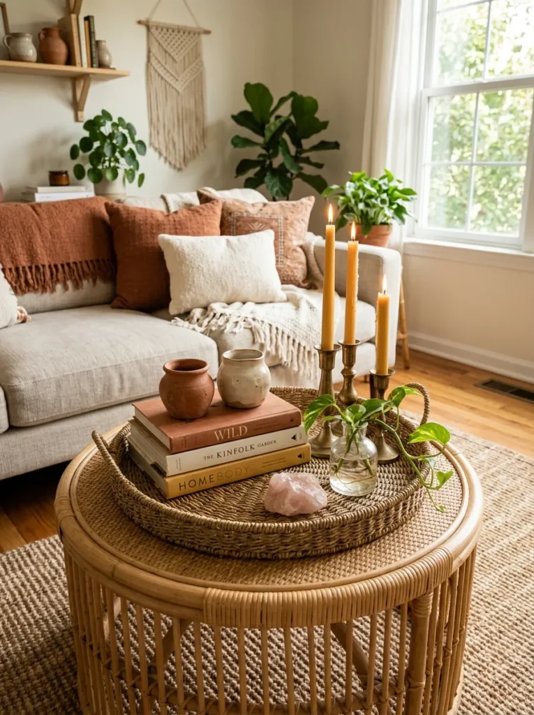 Boho-styled rattan coffee table with a seagrass tray holding mismatched ceramics, candles in brass holders, books, and a trailing pothos cutting
