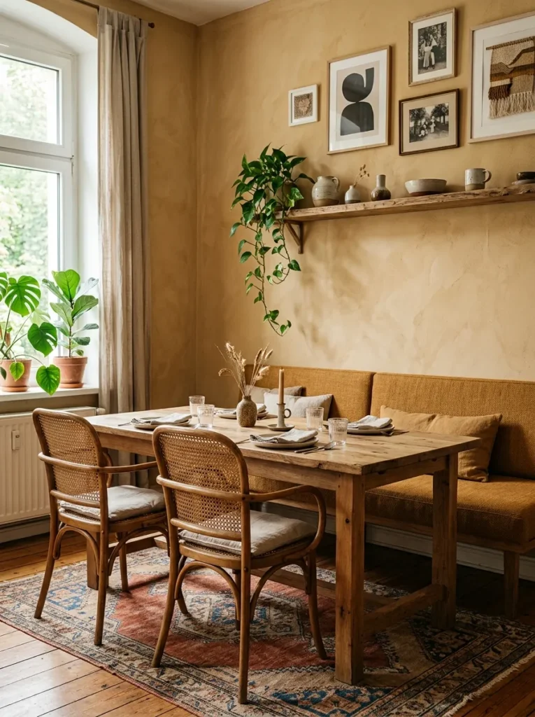 Boho dining room with rattan chairs on one side of the table and an ochre upholstered bench against the limewash wall
