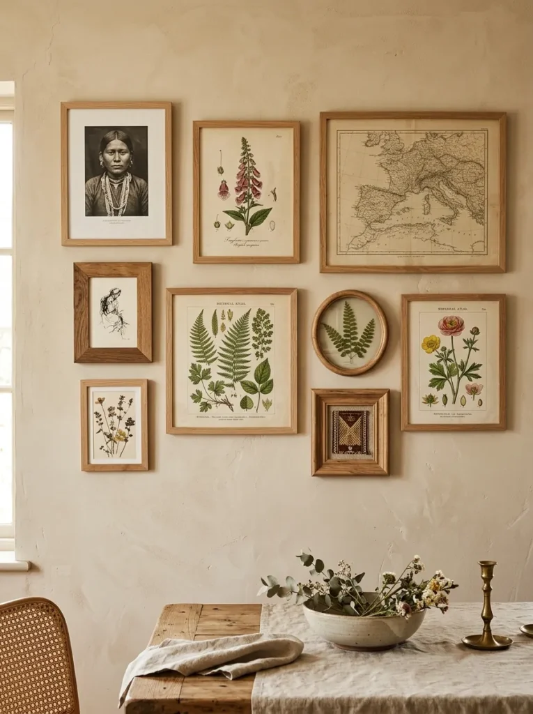 Boho dining room gallery wall with botanical illustrations, a pressed fern, aged map prints, and a textile fragment in varied natural wood frames
