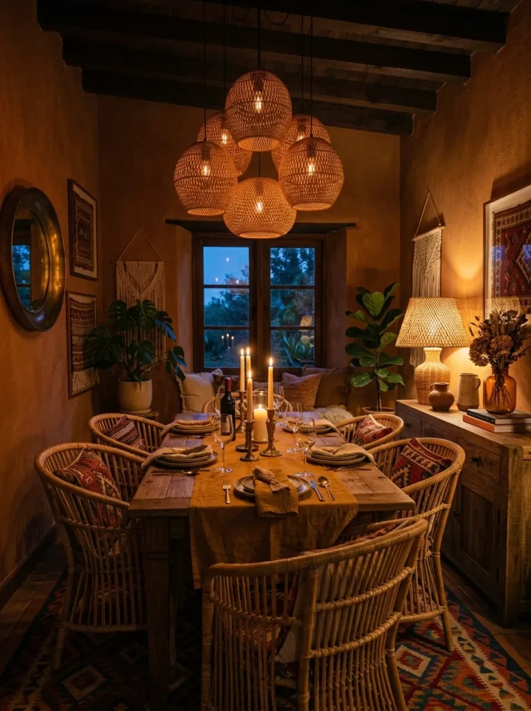 Boho dining room in early evening with dimmed pendant lights, a woven table lamp on the sideboard, and candles creating three layers of warm light
