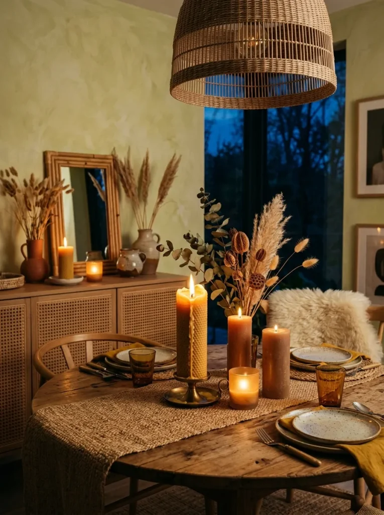 Boho dining room in evening light with a cluster of beeswax pillar candles at varying heights on the table and sideboard
