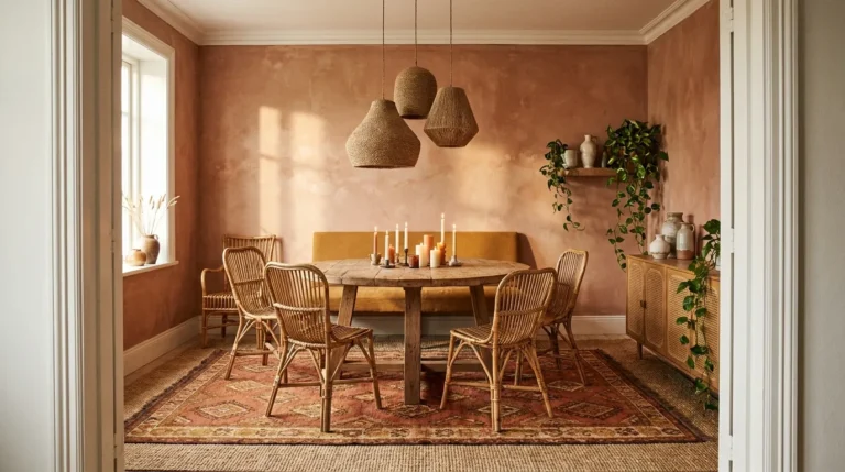 Boho dining room with round reclaimed oak table, rattan chairs, woven pendant cluster, and terracotta limewash wall