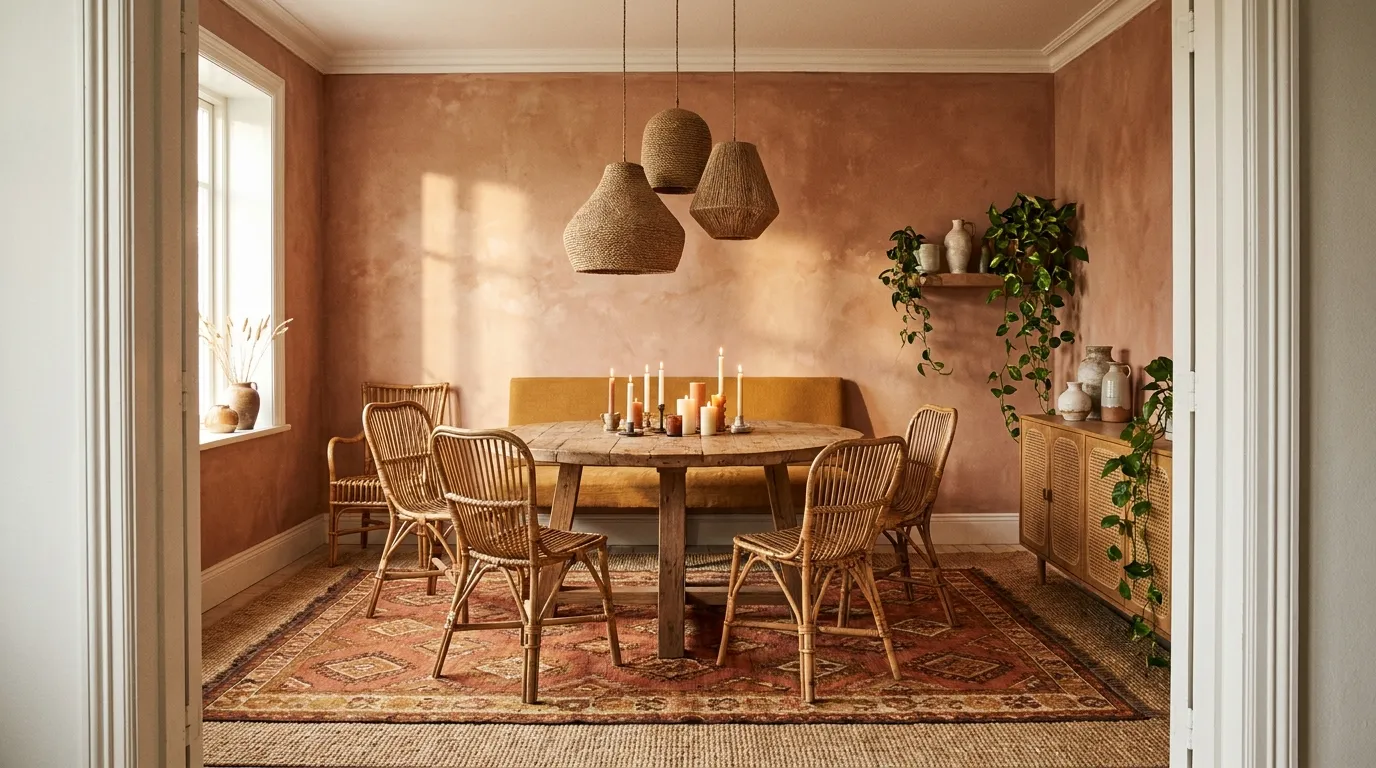 Boho dining room with round reclaimed oak table, rattan chairs, woven pendant cluster, and terracotta limewash wall