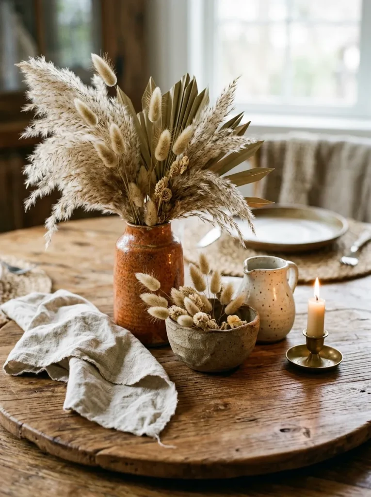 Boho dining table centrepiece of mismatched ceramic vessels with dried pampas grass and bunny tail stems in warm candlelight
