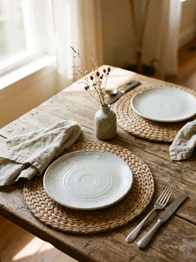 Boho dining table setting with seagrass woven placemats, unglazed ceramic plates, and loosely folded linen napkins in morning light
