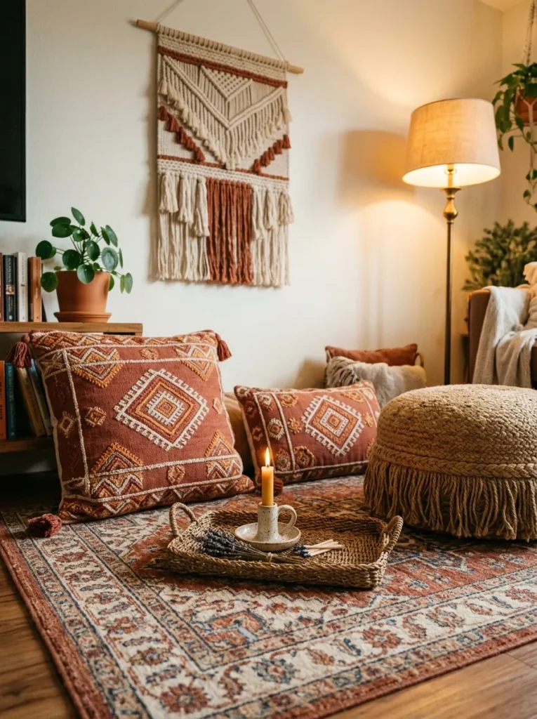 Boho floor seating corner with large embroidered cushions, woven pouf, and seagrass tray on a patterned rug