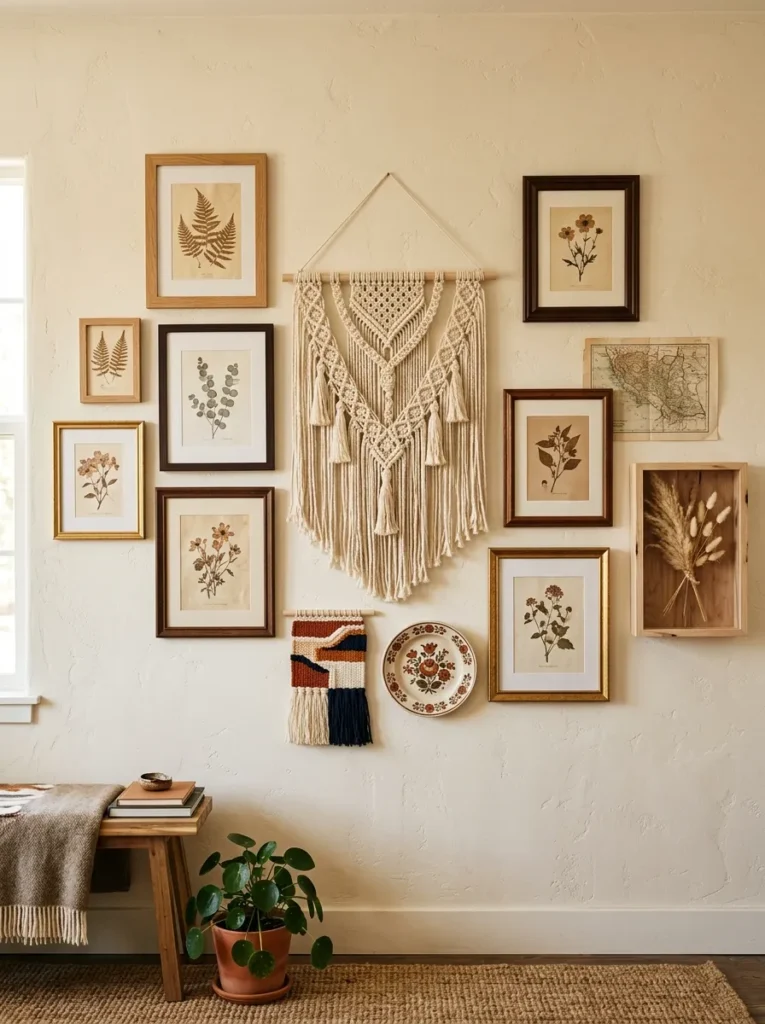 Boho gallery wall with large macramé hanging, framed botanical prints, small woven textile, and ceramic plate on cream plaster wall
