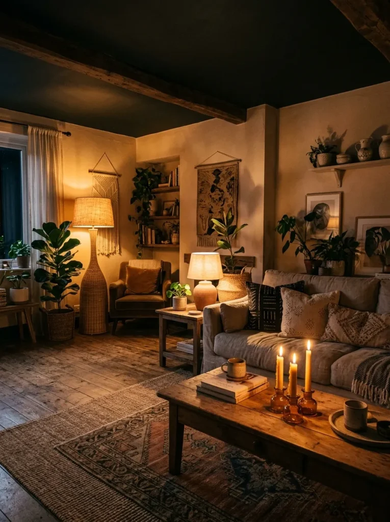 Boho living room in evening with three warm light sources — floor lamp, table lamp, and candles — no overhead lighting