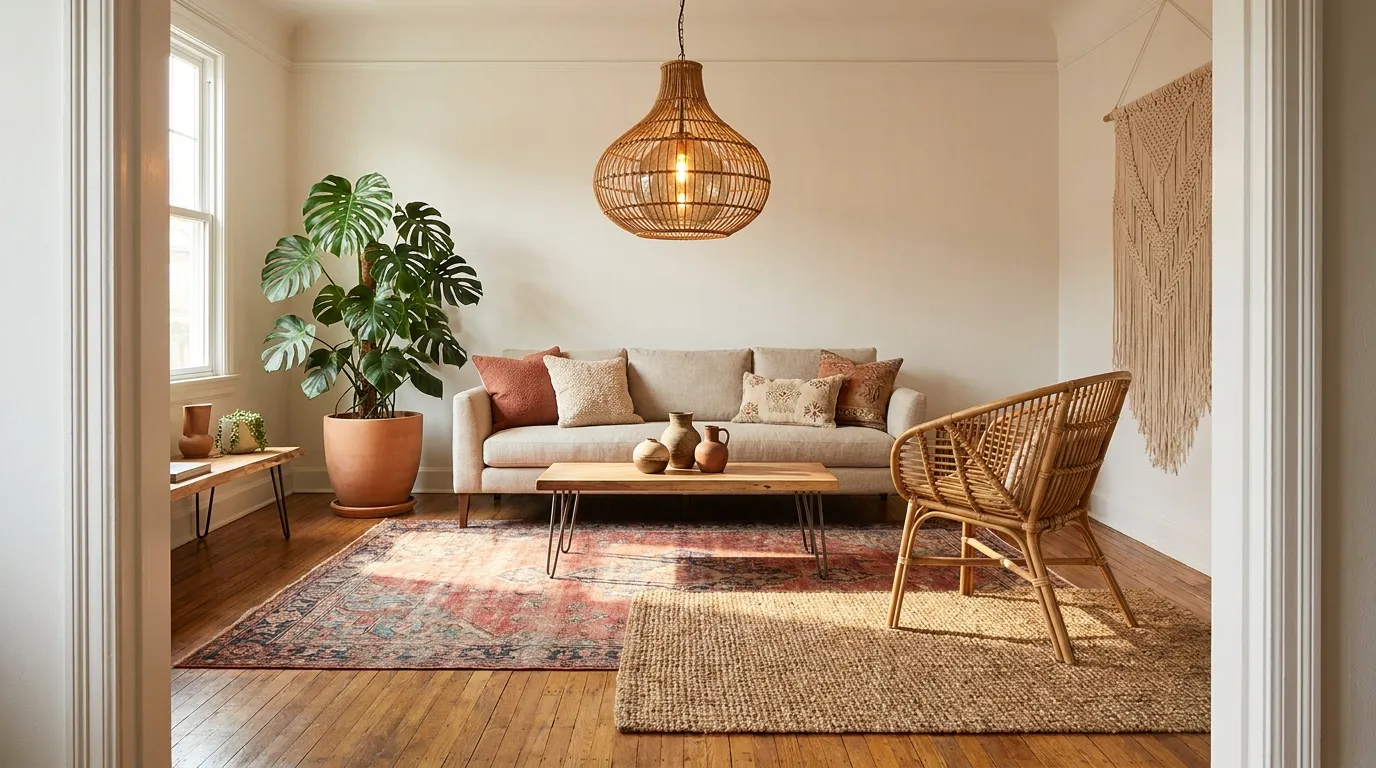 Boho living room with layered kilim and jute rugs, oatmeal linen sofa, rattan chair, and tall monstera plant in terracotta pot