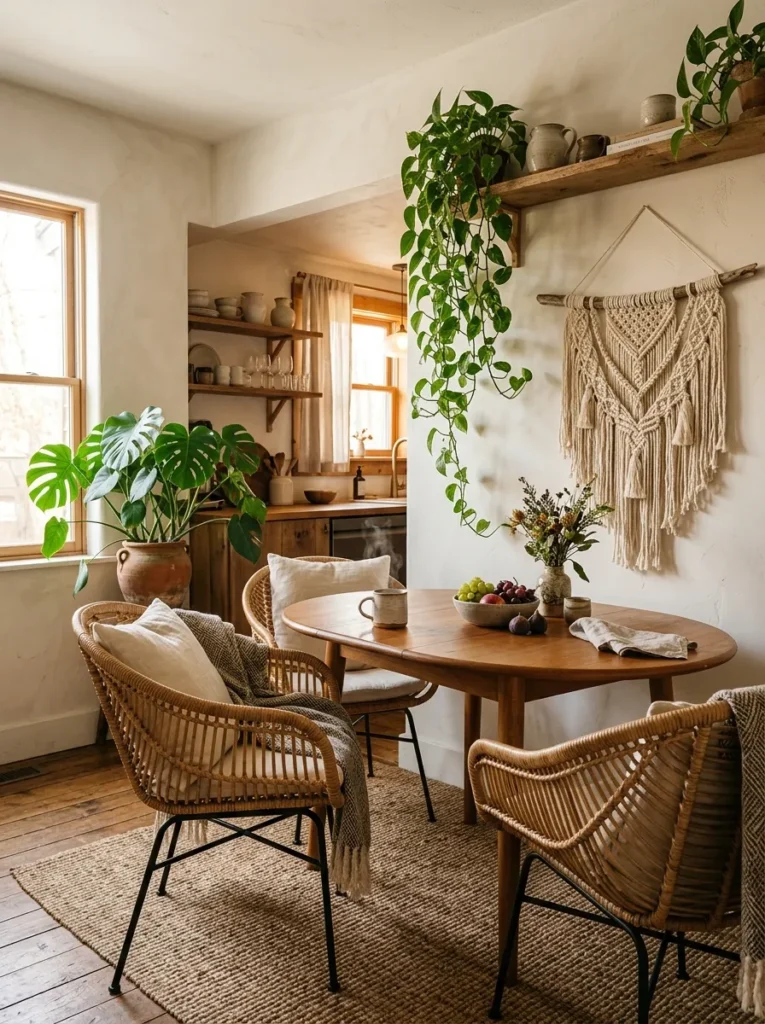 Bohemian breakfast nook with rattan barrel chairs, an oval wood table, macramé wall hanging, and trailing pothos