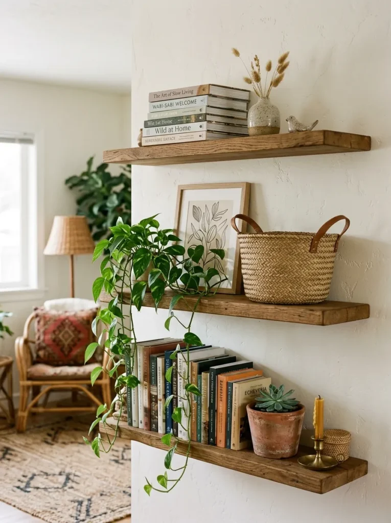 Open wood shelving with varied styling — stacked books, trailing plant, woven basket, and ceramics at different densities