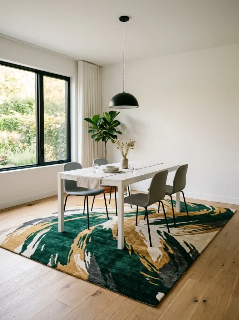 Simple white dining room with understated chairs where a bold abstract rug in deep emerald and warm gold carries the entire room's design personality
