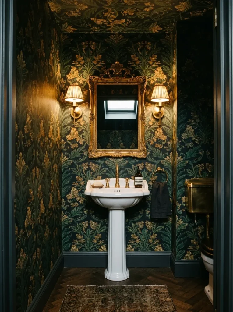 Powder room with bold botanical wallpaper in deep forest green and gold on a dark background, with an ornate gold mirror and brass sconces