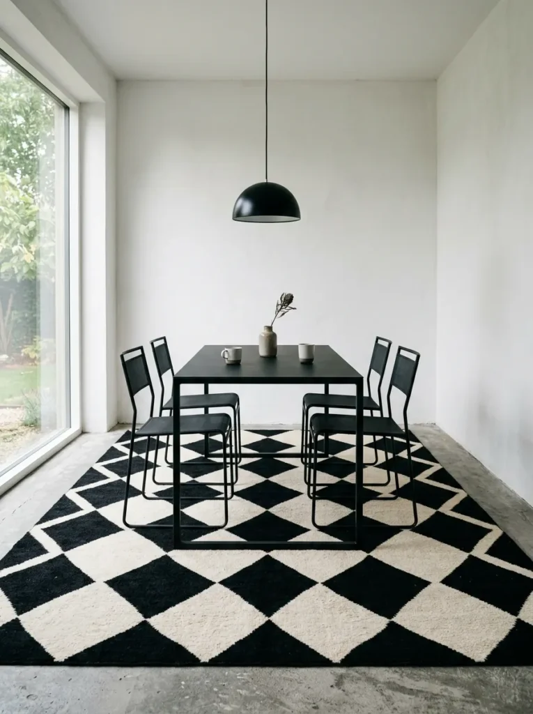 Minimal dining room with a black metal table and chairs where a bold black and cream diamond-grid geometric rug provides all of the room's visual character
