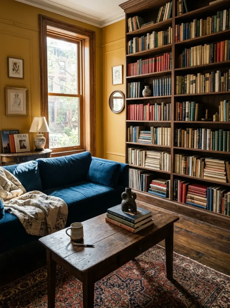 Luxury living room with real books styled on shelves and the coffee table in a collected arrangement