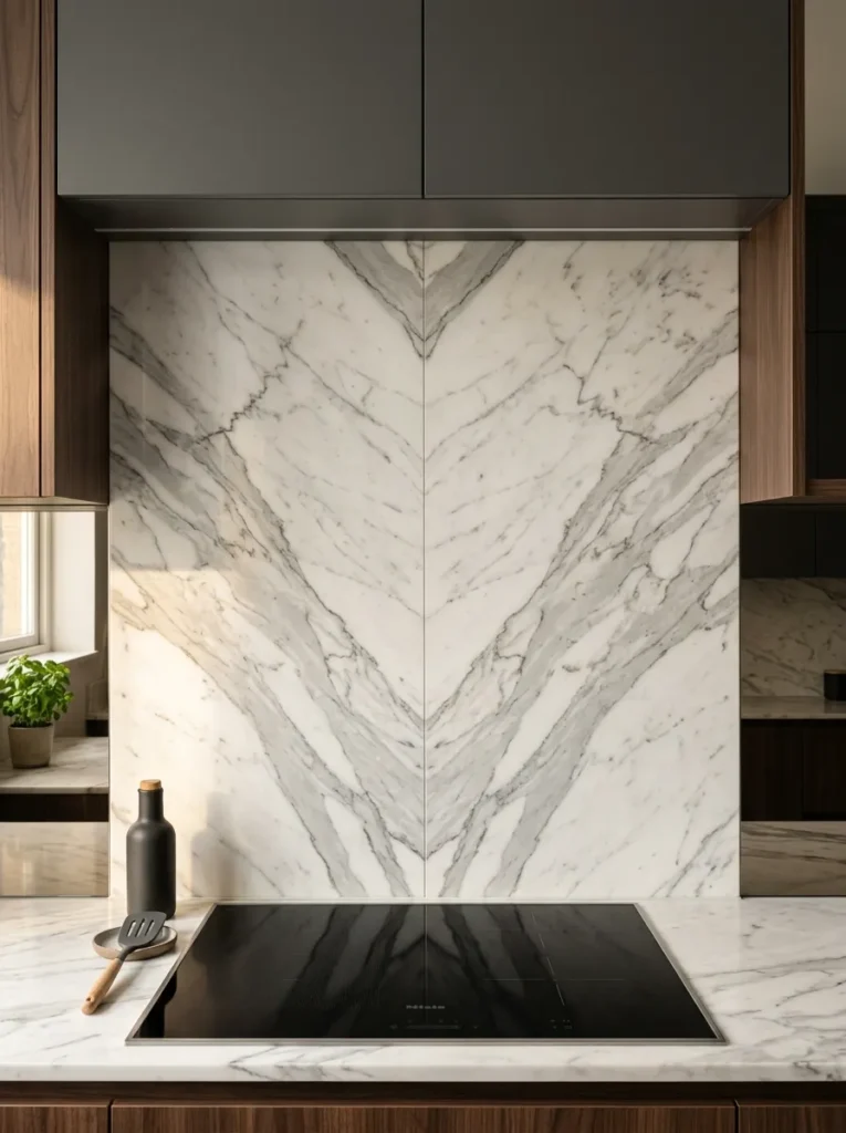 Full-height bookmatched Statuario marble splashback behind a flush-set hob, symmetrical veining pattern, soft sidelight