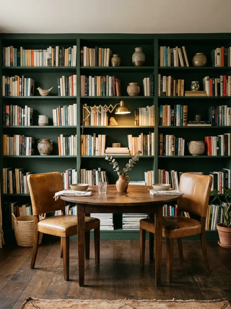 Tall bookshelf styled as the backdrop wall behind a dining table in an apartment