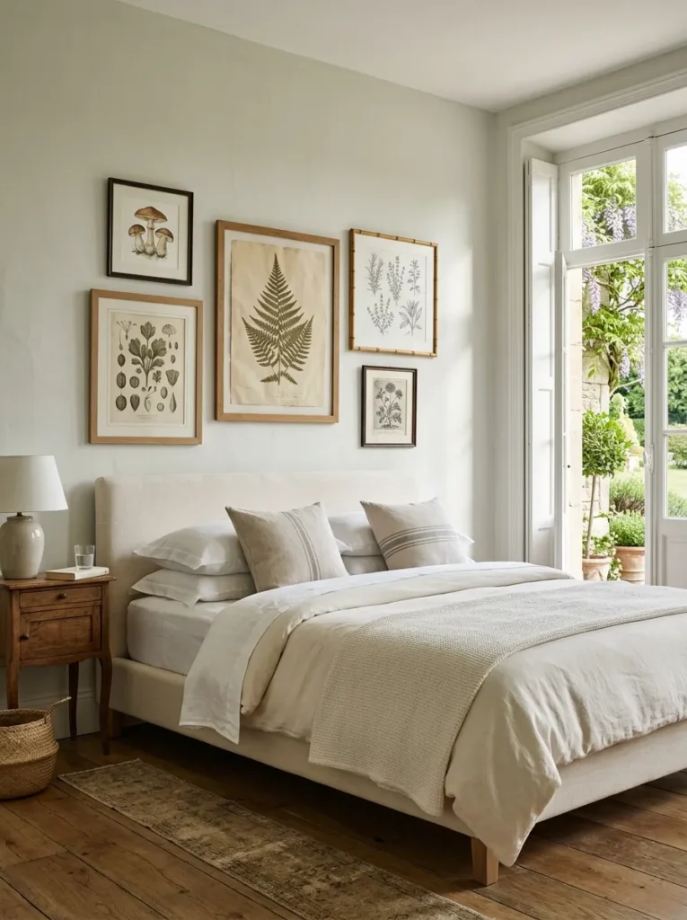 Gallery wall of botanical prints in natural wood frames above a bed in an earthy bedroom 